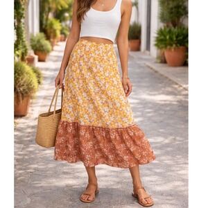 Mila Mae Women's Medium Floral Midi Skirt Yellow White‎ Green Boho Cottagecore